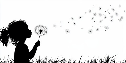 Child blowing dandelion seeds in a grassy field during sunset, creating a serene and whimsical atmosphere with silhouettes