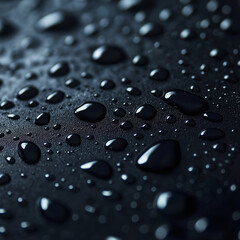 Raindrops glistening on black glass surface, macro shot, water