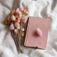 Dusty pink dried flowers arranged beside a journal on soft fabric