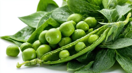Fresh green peas in pod with water droplets on white background