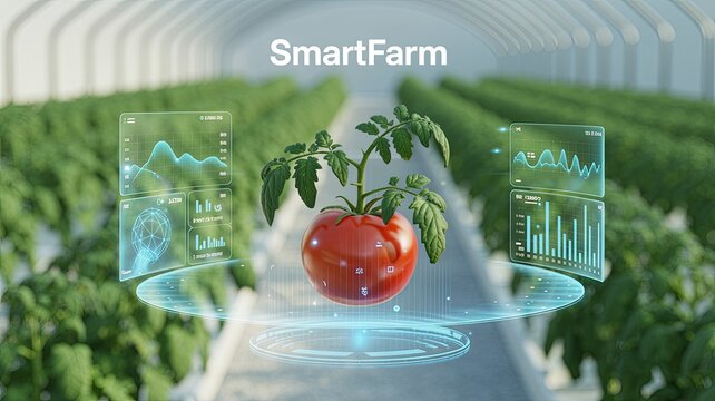 Futuristic smart farm with tomato plant and holographic data displays agriculture technology