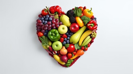 Heart shape made of fresh fruits and vegetables ,  Healthy food concept on the white background 
