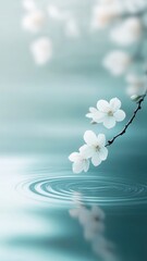 Pristine white blossoms across wellness smooth water surface, illuminated by soft ambient lighting, evoking meditative spa relaxation and tranquil drifting environment