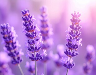 Obraz premium Soft lavender flowers in bloom, blurred in the background with a pastel purple hue creating a dreamy ambiance.