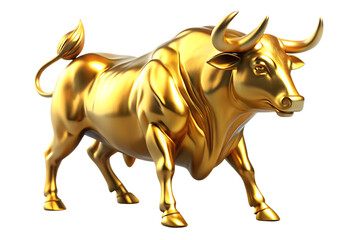 Shiny golden bull sculpture with muscular body and curved horns isolated on a transparent background