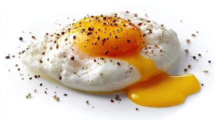 Delicious fried egg with runny yolk and cracked pepper sprinkled on white background