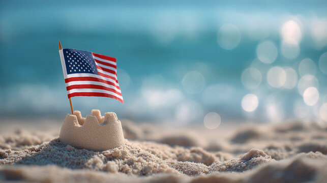 American flag in sandcastle at beach for Independence Day - Powered by Adobe