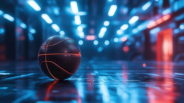 Glowing futuristic basketball resting on polished court, blue shadows neon lights casting dramatic red in dark arena