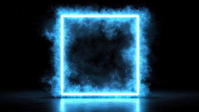 Orange vibrant blue neon square frame glowing on a dark background with smoke and bokeh lights, creating a and and futuristic backdrop