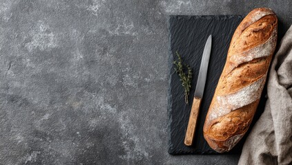 Rustic loaf of bread on slate board, accompanied by a butter knife and sprig of thyme, set against a dark textured background