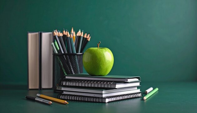 School supplies and green apple on chalkboard background.