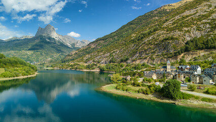 Aerial view of Lanuza village in the Tena Valley, Huesca province, Spain.
