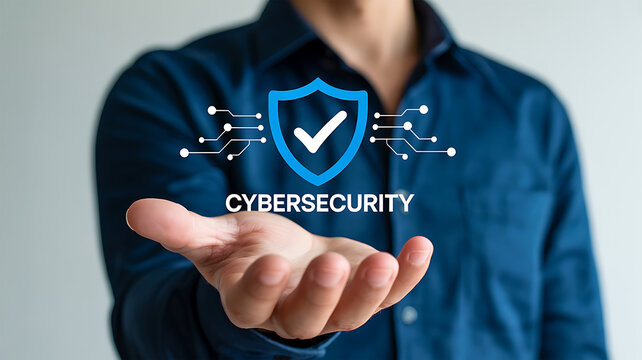 Man holding a digital shield with a checkmark symbolizing cybersecurity protection and data security