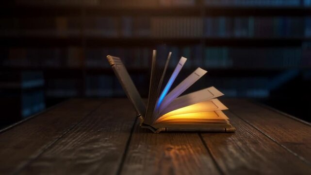 An antique closed book opens, the pages turn by themselves and glow mystically