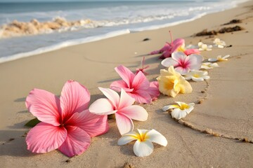 Fototapeta premium two plumeria flowers on the sand on the beach