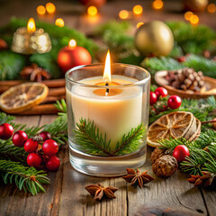 scented candle in a glass on a table with christma