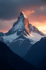 Majestic snow capped mountain peak illuminated by warm sunset light