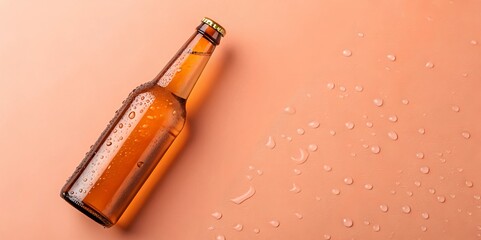 Refreshing brown beer bottle with condensation droplets rests on a peach background, offering an inviting beverage concept.