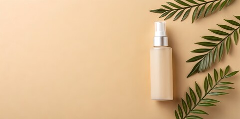 Beige cosmetic spray bottle with tropical green leaves on a light background for wellness and beauty product presentation.