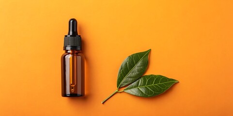 Herbal essence serum in a dark amber glass bottle paired with fresh green leaves on bright orange backdrop for skin care.