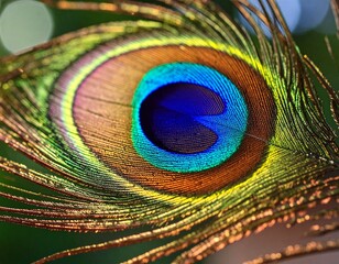 Obraz premium Shiny green, blue, and gold tones of a peacock feather captured in close detail.