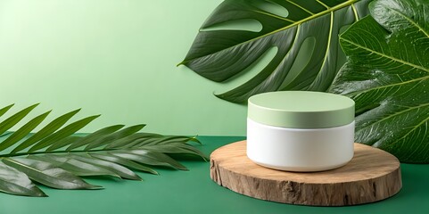 Skincare cream product on a wooden pedestal showcases beauty with lush green tropical leaves against a green background.