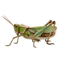 Fototapeta premium Long-legged grasshopper in side view, raised back legs and spiny details visible, earthy green tones with subtle highlights, macro 8K photoreal PNG on transparent background