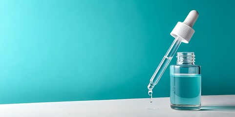 Serum bottle with dropper showcasing skincare essence against a soft turquoise backdrop, promoting wellness and self care.