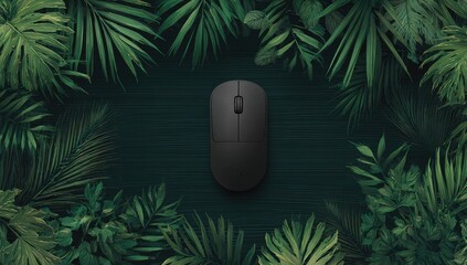 A dark gray computer mouse rests on a dark surface, surrounded by lush, vibrant green tropical foliage creating a frame