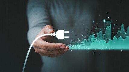 Hand holding white electrical plug with glowing teal financial data charts and particles power