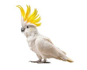 White cockatoo bird with bright yellow crest feathers standing on transparent background, showing detailed feathers and curved beak in natural pose