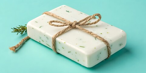 Rosemary scented soap bar with natural twine adorns a calming turquoise background for a spa-like aesthetic.