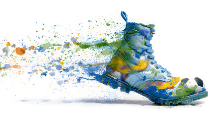 A colorful boot with paint splatters on a white background in a studio shot with vibrant colors