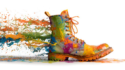 A colorful boot covered in paint with paint splashing off the side on a white background studio shot