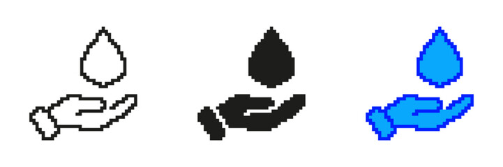 Hand Holding Water Droplet Icon Set In Pixel Art. Pixelated Symbol of Water Conservation. Isolated Vector Illustration