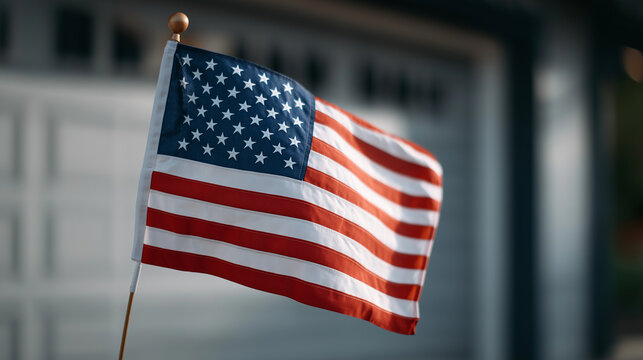 American Flag Against Gray Metal Garage Door in Morning Light
