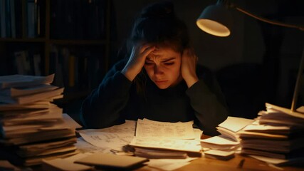 Young woman student working late at night on a project at home is stressed and covers her ears from noise, surrounded by stacks of papers and books under a desk lamp - Powered by Adobe