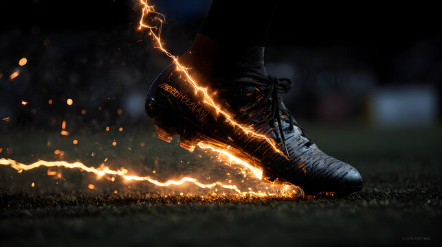 A close up of a soccer cleat on grass with electrical sparks and lightning effects surrounding it