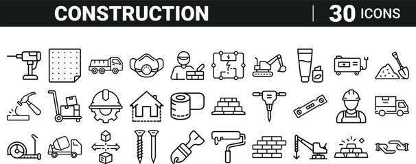 Set of 30 outline icons related to construction, line icon bundle on transparent background