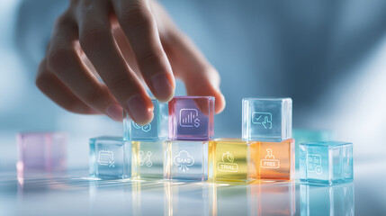 Person arranges colorful translucent glass blocks with icons representing various digital services