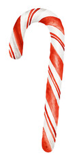 Watercolor red and white striped candy cane on transparent background.