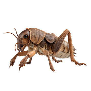 Mole cricket side profile digging pose, broad forelimbs and velvet body, rich brown tones with texture contrast, isolated photoreal 8K PNG