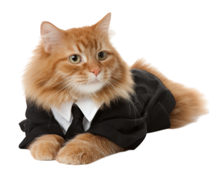 Orange cat wearing black suit costume white shirt and tie isolated on transparency background looking alert and calm humorous pet fashion concept fluffy fur adorable animal portrait