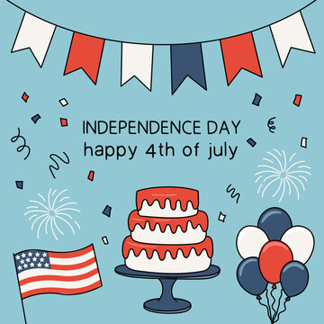 Independence Day Icon Set. Holiday Background with American Flag, Cake, Balloons, Fireworks and Confetti