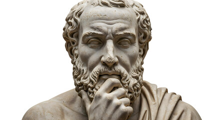 Fototapeta premium Close-up of philosopher statue with thoughtful pose on white background.
