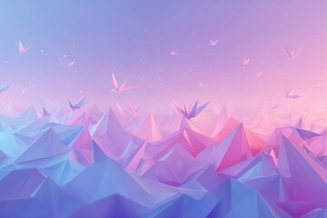 Low-poly landscape of pastel pink and blue mountains with origami cranes in flight against a soft sunset sky