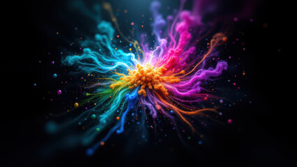 Fototapeta premium Prismatic dust explosion. Vibrant, colorful particles burst outwards in a mesmerizing display. Abstract, swirling, energy, fractal.