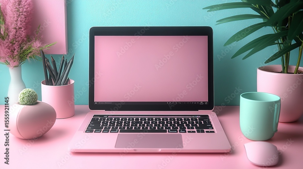 Wall mural a stylish laptop in a minimalist flat design with floating ui elements placed on a pastel background