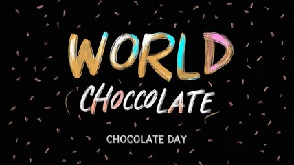 World Chocolate Day hand drawn lettering with chocolate pieces on black background for holiday promotion, food advertising, dessert packaging, branding, social media