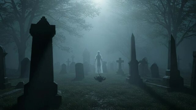 "Foggy cemetery at night, ghostly figure walking between gravestones, eerie, supernatural presence, perfect for horror and thriller content
